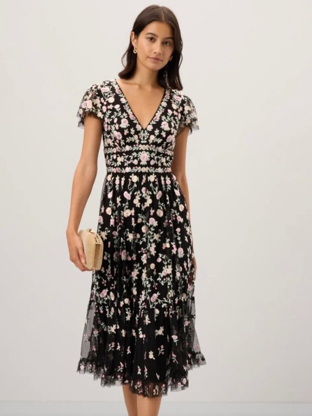 Mac Duggal Black Multicolor Embroidered V Neck Cap Sleeve Midi Dress Size 8 - Picture 7 of 11